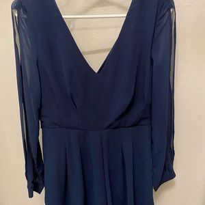 Soft zipper and slit sleeve navy blue romper